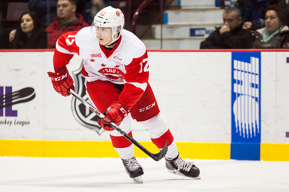 WINDSOR, ON - FEBRUARY 18: Forward Boris Katchouk #12 of the Sault Ste. Marie Greyhounds skates against the Windsor Spitfires on February 18, 2016 at the WFCU Centre in Windsor, Ontario, Canada. (Photo by Dennis Pajot/Getty Images)