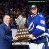 TAMPA, FLORIDA - JULY 07:  Andrei Vasilevskiy #88 of the Tampa Bay Lightning is presented with the Conn Smythe Trophy by NHL Commissioner Gary Bettman after defeating the Montreal Canadiens 1-0 in Game Five to win the 2021 NHL Stanley Cup Final at Amalie Arena on July 07, 2021 in Tampa, Florida. (Photo by Bruce Bennett/Getty Images)