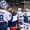 COLUMBUS, OH - APRIL 16:  Nick Foligno #71 of the Columbus Blue Jackets shakes hands with goaltender Andrei Vasilevskiy #88 of the Tampa Bay Lightning after Game Four of the Eastern Conference First Round during the 2019 NHL Stanley Cup Playoffs on April 16, 2019 at Nationwide Arena in Columbus, Ohio. Columbus defeated Tampa Bay 7-3 to win the series 4-0. (Photo by Jamie Sabau/NHLI via Getty Images)