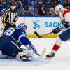 TAMPA, FL - MAY 26: Goalie Andrei Vasilevskiy #88 of the Tampa Bay Lightning tends net against Patric Hornqvist #70 of the Florida Panthers during the second period in Game Six of the First Round of the 2021 Stanley Cup Playoffs at Amalie Arena on May 26, 2021 in Tampa, Florida. (Photo by Scott Audette/NHLI via Getty Images)