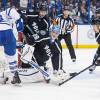 TAMPA, FL - JANUARY 27: Goalie Andrei Vasilevskiy #88 of the Tampa Bay Lightning makes a save while teammates Victor Hedman #77 and Anton Stralman #6 look for a rebound against Nazem Kadri #43 of the Toronto Maple Leafs during the second period at the Amalie Arena on January 27, 2016 in Tampa, Florida.  (Photo by Scott Audette/NHLI via Getty Images)