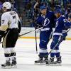 TAMPA, FL - FEBRUARY 5: Anton Stralman #6 of the Tampa Bay Lightning celebrates his goal with J.T. Brown #23 as Matt Cullen #7 of the Pittsburgh Penguins reacts during the third period at the Amalie Arena on February 5, 2016 in Tampa, Florida. (Photo by Mike Carlson/Getty Images)