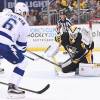 16 May 2016: Tampa Bay Lightning defenseman Anton Stralman (6) scores past Pittsburgh Penguins goalie Matt Murray (30) during the first period of Game Two in the 2016 NHL Stanley Cup Playoffs Eastern Conference Finals between the Tampa Bay Lightning and the Pittsburgh Penguins at the Consol Energy Center in Pittsburgh, Pennsylvania.