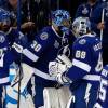 TAMPA, FL - JUNE 06:  Ben Bishop #30 of the Tampa Bay Lightning switches with Andrei Vasilevskiy #88 during a break in play in the third period against the Chicago Blackhawks during Game Two of the 2015 NHL Stanley Cup Final at Amalie Arena on June 6, 2015 in Tampa, Florida.  (Photo by Mike Carlson/Getty Images)