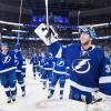TAMPA, FL - APRIL 29: Goalie Ben Bishop #30 and the Tampa Bay Lightning celebrate the win against the Detroit Red Wings after Game Seven of the Eastern Conference Quarterfinals during the 2015 NHL Stanley Cup Playoffs at the Amalie Arena on April 29, 2015 in Tampa, Florida.  (Photo by Scott Audette/NHLI via Getty Images)