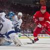 DETROIT, MI - APRIL 21: Goaltender Ben Bishop #30 of the Tampa Bay Lightning makes a save as Justin Abdelkader #8 of the Detroit Red Wings closes in for the rebound in Game Three of the Eastern Conference Quarterfinals during the 2015 NHL Stanley Cup Playoffs on April 21, 2015 at Joe Louis Arena in Detroit, Michigan. The Wings defeated the Lightning 3-0(Photo by Dave Reginek/NHLI via Getty Images)