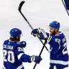 EDMONTON, ALBERTA - SEPTEMBER 21:  Kevin Shattenkirk #22 of the Tampa Bay Lightning is congratulated by Blake Coleman #20 after scoring a goal against the Dallas Stars during the first period in Game Two of the 2020 NHL Stanley Cup Final at Rogers Place on September 21, 2020 in Edmonton, Alberta, Canada. (Photo by Bruce Bennett/Getty Images)