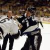 5 Dec 1996:  Rightwinger Brantt Myhres of the Tampa Bay Lightning in action against defenseman Sean O''Donnell of the Los Angeles Kings during a game at the Great Western Forum in Inglewood, California.  The Lightning defeated the Kings 2-1. Mandatory Cred