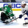 EDMONTON, ALBERTA - SEPTEMBER 25: Brayden Point #21 of the Tampa Bay Lightning scores on a backhand shot against goaltender Anton Khudobin #35 of the Dallas Stars in the first period of Game Four of the NHL Stanley Cup Final between the Tampa Bay Lightning and the Dallas Stars at Rogers Place on September 25, 2020 in Edmonton, Alberta, Canada. (Photo by Dave Sandford/NHLI via Getty Images)