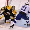 BOSTON, MA - MAY 4: Boston Bruins goalie Tuukka Rask attempts to stop a close shot for a goal by Tampa Bay Lightning Brayden Point during the first period. The Boston Bruins host Tampa Bay Lightning in Game Four of the Eastern Conference semifinals at the TD Garden in Boston on May 4, 2018. (Photo by John Tlumacki/The Boston Globe via Getty Images)