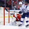 SUNRISE, FLORIDA - MAY 16: Brayden Point #21 of the Tampa Bay Lightning scores the game winning goal at 18:46 of the third period against Sergei Bobrovsky #72 of the Florida Panthers in Game One of the First Round of the 2021 Stanley Cup Playoffs at the BB&T Center on May 16, 2021 in Sunrise, Florida. The Lightning defeated the Panthers 5-4. (Photo by Bruce Bennett/Getty Images)