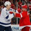 DETROIT, MI - APRIL 17: Brian Boyle #11 of the Tampa Bay Lightning looks for a fight with Justin Abdelkader #8 of the Detroit Red Wings after the conclusion of Game Three of the Eastern Conference Quarterfinals during the 2016 NHL Stanley Cup Playoffs at Joe Louis Arena on April 17, 2016 in Detroit, Michigan. Detroit won the game 2-0. Tampa Bay leads the series 2-1. (Photo by Gregory Shamus/Getty Images)