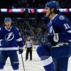 TAMPA, FL - NOVEMBER 12: Brian Boyle #11 of the Tampa Bay Lightning celebrates his goal with teammate Andrej Sustr #62 against the Calgary Flames at the Amalie Arena on November 12, 2015 in Tampa, Florida. (Photo by Mike Carlson/Getty Images)