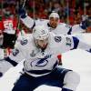 CHICAGO, IL - JUNE 08:  J.T. Brown #23 and Cedric Paquette #13 of the Tampa Bay Lightning celebrate Paquette's game-winning goal late in the third period against the Chicago Blackhawks during Game Three of the 2015 NHL Stanley Cup Final 3-2 over the Chicago Blackhawks at United Center on June 8, 2015 in Chicago, Illinois.  The Tampa Bay Lightning defeated the Chicago Blackhawks 3-2. (Photo by Scott Audette/NHLI via Getty Images)