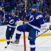 TAMPA, FL - FEBRUARY 28: Cory Conacher #89 of the Tampa Bay Lightning celebrates his goal against goalie Chad Johnson #31 of the Buffalo Sabres during the first period at Amalie Arena on February 28, 2018 in Tampa, Florida.  (Photo by Scott Audette/NHLI via Getty Images)