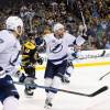 BOSTON, MA - MAY 4: Dan Girardi #5 of the Tampa Bay Lightning celebrates the overtime goal against the Boston Bruins in Game Four of the Eastern Conference Second Round during the 2018 NHL Stanley Cup Playoffs at the TD Garden on May 4, 2018 in Boston, Massachusetts. (Photo by Brian Babineau/NHLI via Getty Images) *** Local Caption *** Dan Girardi