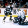 4 Dec 1996:  Goaltender Guy Hebert of the Anaheim Mighty Ducks and rightwinger Dino Ciccarelli #12  of the Tampa Bay Lightning do the scramble during a game at the Arrowhead Pond in Anaheim, California.  The Lightning won 3-1. Mandatory Credit: Glenn Crat