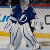 TAMPA, FL - OCTOBER 13: Goalie Evgeni Nabokov #20 of the Tampa Bay Lightning during the pre game skate against the Montreal Canadiens at the Amalie Arena on October 13, 2014 in Tampa, Florida.  (Photo by Scott Audette/NHLI via Getty Images)