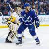 TAMPA, FL - OCTOBER 21: Gabriel Dumont #40 of the Tampa Bay Lightning skates against the Pittsburgh Penguins during the third period at Amalie Arena on October 21, 2017 in Tampa, Florida.  (Photo by Scott Audette/NHLI via Getty Images)"n