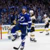 TAMPA, FL - MAY 6: J.T. Miller #10 of the Tampa Bay Lightning celebrates his goal against the Boston Bruins during Game Five of the Eastern Conference Second Round during the 2018 NHL Stanley Cup Playoffs at Amalie Arena on May 6, 2018 in Tampa, Florida. (Photo by Mark LoMoglio/NHLI via Getty Images)