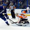 TAMPA, FL - OCTOBER 8:  Jason Garrison #5 of the Tampa Bay Lightning scores an overtime goal past Steve Mason #35 of the Philadelphia Flyers at the Amalie Arena on October 8, 2015 in Tampa, Florida. (Photo by Mike Carlson/Getty Images)