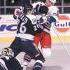 1996 Season: Patrick Flatley (NYR) and Jay Wells (TB) go to war in front of Tampa net.  (Photo by Bruce Bennett Studios via Getty Images Studios/Getty Images)