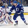 TAMPA, FL - NOVEMBER 19: Joel Vermin #47 of the Tampa Bay Lightning skates against Henrik Lundqvist #30 of the New York Rangers during the third period at the Amalie Arena on November 19, 2015 in Tampa, Florida. (Photo by Scott Audette/NHLI via Getty Images)