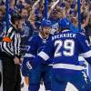 TAMPA, FL - APRIL 30: Jonathan Drouin #27 of the Tampa Bay Lightning celebrates his goal with teammate Slater Koekkoek #29 against the New York Islanders during the first period of Game Two of the Eastern Conference Second Round in the 2016 NHL Stanley Cup Playoffs at the Amalie Arena on April 30, 2016 in Tampa, Florida.  (Photo by Scott Audette/NHLI via Getty Images)