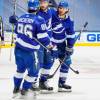 TORONTO, ONTARIO - AUGUST 19: Kevin Shattenkirk #22 of the Tampa Bay Lightning celebrates his goal against the Columbus Blue Jackets with teammates Nikita Kucherov #86 and Brayden Point #21 during the third period in Game Five of the Eastern Conference First Round of the 2020 NHL Stanley Cup Playoff at Scotiabank Arena on August 19, 2020 in Toronto, Ontario. (Photo by Mark Blinch/NHLI via Getty Images)