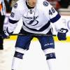 CALGARY, AL - OCTOBER 21:  Michael Blunden #46 of the Tampa Bay Lightning plays in the game against the Calgary Flames at Scotiabank Saddledome on October 21, 2014 in Calgary, Alberta, Canada.  (Photo by Dale MacMillan/NHLI via Getty Images)