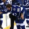 TAMPA, FL - JUNE 13:  Nikita Kucherov #86 of the Tampa Bay Lightning skates off the ice after crashing into the against the Chicago Blackhawks during Game Five of the 2015 NHL Stanley Cup Final at Amalie Arena on June 13, 2015 in Tampa, Florida.  (Photo by Bruce Bennett/Getty Images)