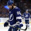 May 23, 2018; Tampa, FL, USA; Tampa Bay Lightning right wing Nikita Kucherov (86) looks down during the first period of game seven of the Eastern Conference Final in the 2018 Stanley Cup Playoffs at Amalie Arena. Mandatory Credit: Kim Klement-USA TODAY Sports