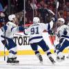 MONTREAL, QC - MAY 01: Tampa Bay Lightning celebrate after defeating  the Montreal Canadiens in Game Five of the Eastern Conference Semifinals during the 2015 NHL Stanley Cup Playoffs at the Bell Centre on May 1, 2015 in Montreal, Quebec, Canada. (Photo by Francois Lacasse/NHLI via Getty Images)