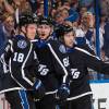 TAMPA, FL - MARCH 7: Nikita Kucherov #86 of the Tampa Bay Lightning celebrates his goal with Ondrej Palat #18 and Tyler Johnson #9 during the first period against the Dallas Stars at the Amalie Arena on March 7, 2015 in Tampa, Florida.  (Photo by Scott Audette/NHLI via Getty Images)