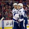 DETROIT, MI - NOVEMBER 15: Tampa Bay Lightning forward Vladislav Namestnikov (90), of Russia, celebrate with defenseman Nikita Nesterov (89), of Russia, their goal in the third period of the Tampa Bay Lightning at Detroit Red Wings NHL hockey game, on November 15, 2016, at Joe Louis Arena in Detroit, MI. Tampa Bay won 4-3. (Photo by Tony Ding/Icon Sportswire via Getty Images)