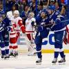 TAMPA, FL - APRIL 16: Nikita Nesterov #89 of the Tampa Bay Lightning celebrates his goal with Andrej Sustr #62 against the Detroit Red Wings in Game One of the Eastern Conference Quarterfinals during the 2015 NHL Stanley Cup Playoffs at Amalie Arena on April 16, 2015 in Tampa, Florida. (Photo by Mike Carlson/Getty Images)