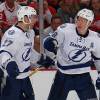 DETROIT, MI - APRIL 19:  Ondrej Palat #18 of the Tampa Bay Lightning celebrates his third period goal with Jonathan Drouin #27 when playing the Detroit Red Wings in Game Four of the Eastern Conference First Round during the 2016 NHL Stanley Cup Playoffs at Joe Louis Arena on April 19, 2016 in Detroit, Michigan. Tampa Bay won the game 3-2. Tampa Bay leads the series 3-1. (Photo by Gregory Shamus/Getty Images)