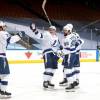 TORONTO, ONTARIO - AUGUST 29:  Ondrej Palat #18 of the Tampa Bay Lightning celebrates his first period goal against the Boston Bruins with teammates during Game Four of the Eastern Conference Second Round during the 2020 NHL Stanley Cup Playoffs at Scotiabank Arena on August 29, 2020 in Toronto, Ontario. (Photo by Chase Agnello-Dean/NHLI via Getty Images)