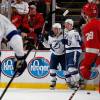 DETROIT, MI - APRIL 23:  Tyler Johnson #9 of the Tampa Bay Lightning celebrates his third-period goal with Ondrej Palat #18 while playing the Detroit Red Wings in Game Four of the Eastern Conference Quarterfinals during the 2015 NHL Stanley Cup Playoffs at Joe Louis Arena on April 23, 2015 in Detroit, Michigan. (Photo by Gregory Shamus/Getty Images)