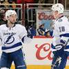 GLENDALE, AZ - JANUARY 21:  Ondrej Palat #18 of the Tampa Bay Lightning and teammate Tyler Johnson #9 celebrate after Paquette's third period goal against the Arizona Coyotes at Gila River Arena on January 21, 2017 in Glendale, Arizona.  The Coyotes defeated the Lightning 5-3. (Photo by Norm Hall/NHLI via Getty Images)