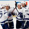 SUNRISE, FL - FEBRUARY 13: Ondrej Palat #18 of the Tampa Bay Lightning celebrates his second period goal with teammates against the Florida Panthers at the BB&T Center on February 13, 2021 in Sunrise, Florida. (Photo by Eliot J. Schechter/NHLI via Getty Images)