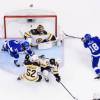 TORONTO, ONTARIO - AUGUST 25: Ondrej Palat #18 of the Tampa Bay Lightning scores against goaltender Jaroslav Halak #41 of the Boston Bruins in the first overtime period for a 4-3 win in Game Two of the Eastern Conference Second Round of the 2020 NHL Stanley Cup Playoff between the Boston Bruins and the Tampa Bay Lightning at Scotiabank Arena on August 25, 2020 in Toronto, Ontario. (Photo by Mark Blinch/NHLI via Getty Images)