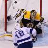 BOSTON - MAY 2: Tampa Bay Lightning's Ondrej Palat scores a first period goal, getting the shot over Bruins goalie Tuukka Rask's shoulder. The Boston Bruins host the Tampa Bay Lightning in Game Three of the Eastern Conference semifinals during the 2018 NHL Stanley Cup Playoffs at TD Garden in Boston on May 2, 2018. (Photo by John Tlumacki/The Boston Globe via Getty Images)