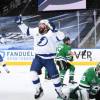 EDMONTON, ALBERTA - SEPTEMBER 28: Patrick Maroon #14 of the Tampa Bay Lightning reacts after goaltender Anton Khudobin #35 of the Dallas Stars couldn't make a save on a shot for a goal by Blake Coleman #20 of the Tampa Bay Lightning in the second period of Game Six of the NHL Stanley Cup Final between the Tampa Bay Lightning and the Dallas Stars at Rogers Place on September 28, 2020 in Edmonton, Alberta, Canada. (Photo by Andy Devlin/NHLI via Getty Images)