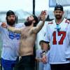 TAMPA, FLORIDA - JULY 12: Nikita Kucherov #86 Alex Killorn #17 and Pat Maroon #14 of the Tampa Bay Lightning celebrates during the Stanley Cup victory rally at Julian B. Lane Riverfront Park on July 12, 2021 in Tampa, Florida. (Photo by Mike Ehrmann/Getty Images)