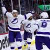 RALEIGH, NC - JUNE 8: Ross Colton #78 of the Tampa Bay Lightning scores a goal and celebrates with teammate Tyler Johnson #9 in Game Five of the Second Round of the 2021 Stanley Cup Playoffs against the Carolina Hurricanes on June 8, 2021 at PNC Arena in Raleigh, North Carolina. (Photo by Gregg Forwerck/NHLI via Getty Images)