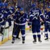 TAMPA, FL - APRIL 21: Ryan Callahan #24 of the Tampa Bay Lightning is congratulated on his empty net goal against the New Jersey Devils in the third period of Game Five of the Eastern Conference First Round during the 2018 NHL Stanley Cup Playoffs at Amalie Arena on April 21, 2018 in Tampa, Florida. (Photo by Mike Carlson/Getty Images)