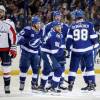 TAMPA, FL - MAY 13:  Steven Stamkos #91 of the Tampa Bay Lightning celebrates with his teammates after scoring a goal on Braden Holtby #70 of the Washington Capitals during the first period in Game Two of the Eastern Conference Finals during the 2018 NHL Stanley Cup Playoffs at Amalie Arena on May 13, 2018 in Tampa, Florida.  (Photo by Bruce Bennett/Getty Images)