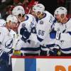 NEWARK, NJ - APRIL 16: Steven Stamkos #91 of the Tampa Bay Lightning is congratulated after scoring goal in Game Three of the Eastern Conference First Round against the New Jersey Devils during the 2018 NHL Stanley Cup Playoffs at Prudential Center on April 16, 2018 in Newark, New Jersey. (Photo by Andy Marlin/NHLI via Getty Images)