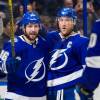 TAMPA, FL - OCTOBER 30: Nikita Kucherov #86 and Steven Stamkos #91 of the Tampa Bay Lightning celebrate a goal against the New Jersey Devils during the third period at Amalie Arena on October 30, 2018 in Tampa, Florida.  (Photo by Scott Audette/NHLI via Getty Images)